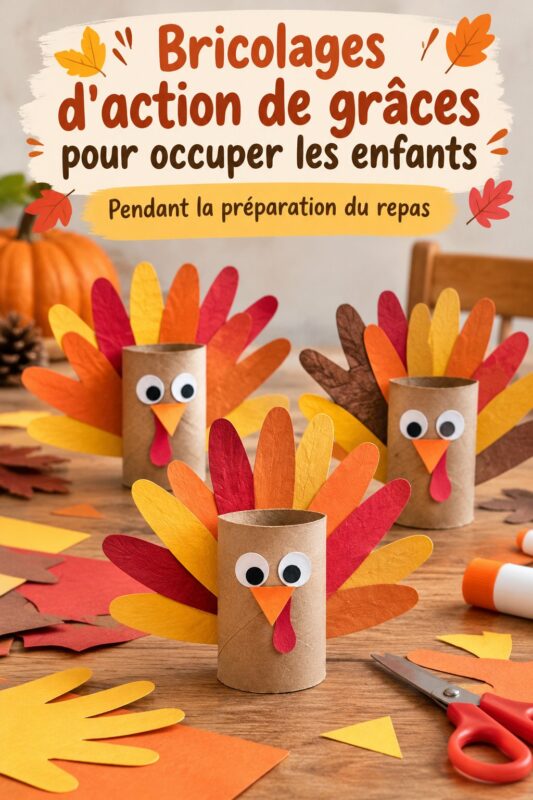 Bricolages de Thanksgiving réalisés par des enfants, représentant des feuilles colorées et des d'étonnants motifs.