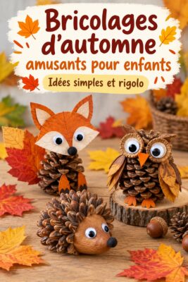 Deux enfants heureux réalisant des bricolages d'automne en famille.