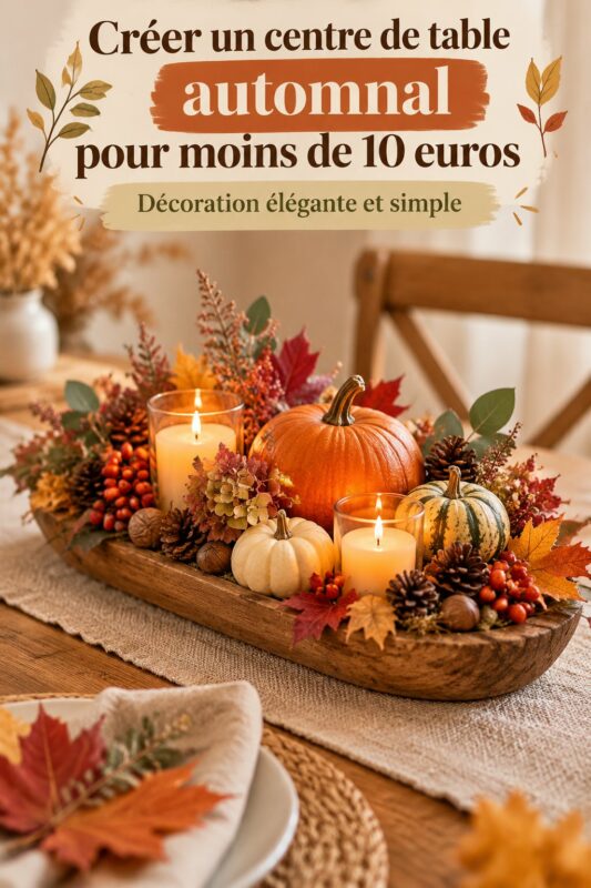 Centre de table d'automne DIY avec des feuilles et des citrouilles décoratives, créant une ambiance chaleureuse.