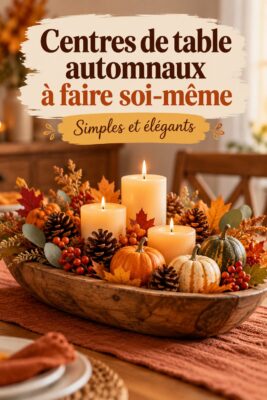 Centre de table automnal fait maison avec des citrouilles et des feuilles séchées.
