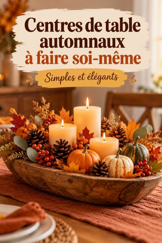 Centre de table automnal fait maison avec des citrouilles et des feuilles séchées.