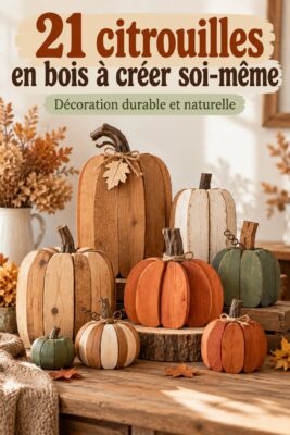 Une belle composition de citrouilles en bois colorées pour la décoration d'Halloween.