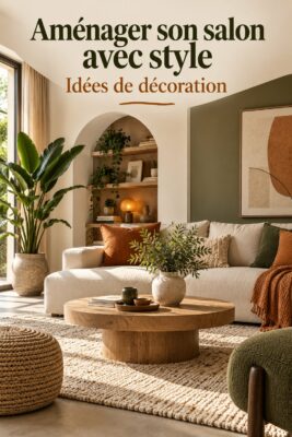 Salon moderne et cozy avec des meubles en bois et des textiles doux.
