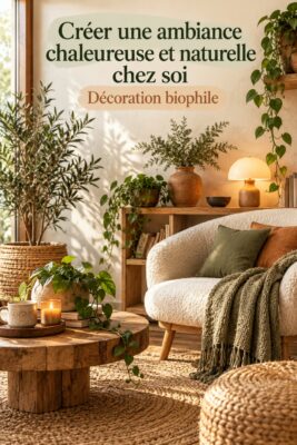 Salon cosy avec des éléments naturels et une ambiance chaleureuse