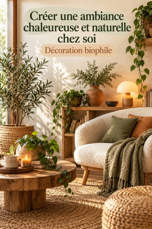 Salon cosy avec des éléments naturels et une ambiance chaleureuse