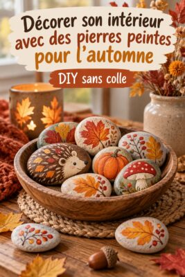 Décoration d'automne avec des pierres peintes présentées sur une table en bois