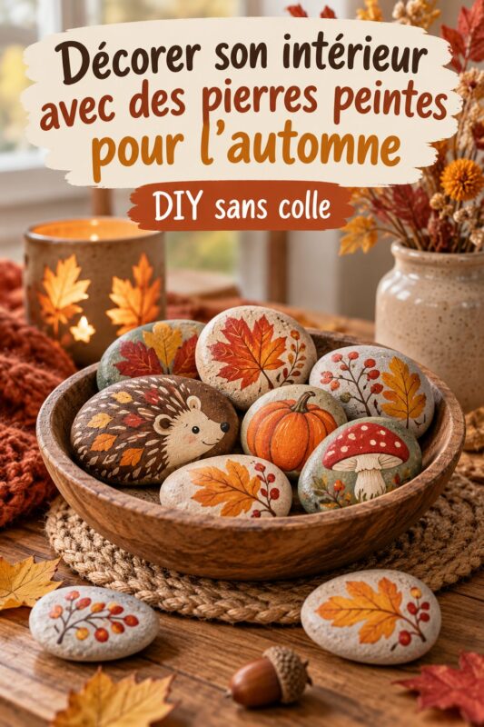Décoration d'automne avec des pierres peintes présentées sur une table en bois