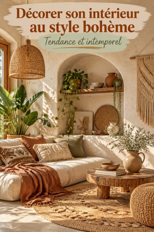 Un salon décoré dans le style Boho avec des coussins colorés et des plantes d'intérieur.