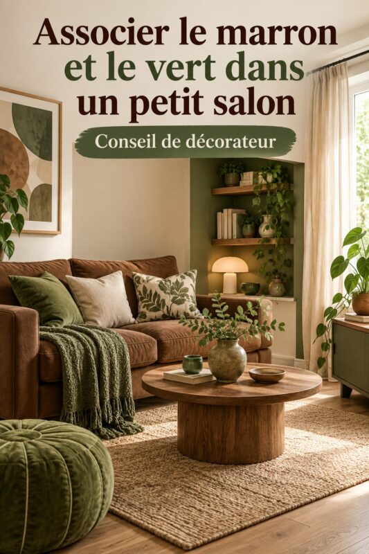 Un petit salon cosy décoré avec des teintes marron et vert