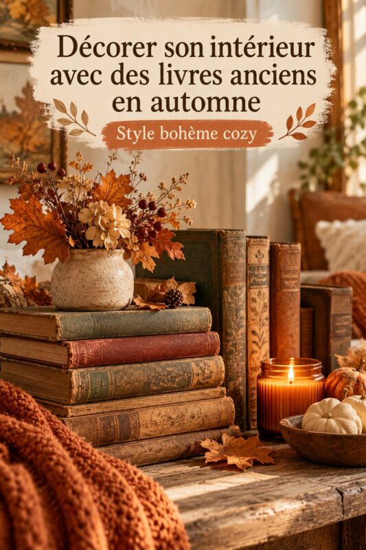 Décoration intérieure avec des livres anciens pour une ambiance automnale cosy.