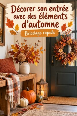 Une entrée décorée avec des éléments d'automne, incluant des courges et des feuilles colorées.