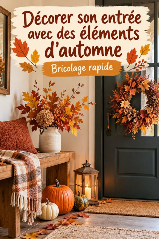 Une entrée décorée avec des éléments d'automne, incluant des courges et des feuilles colorées.