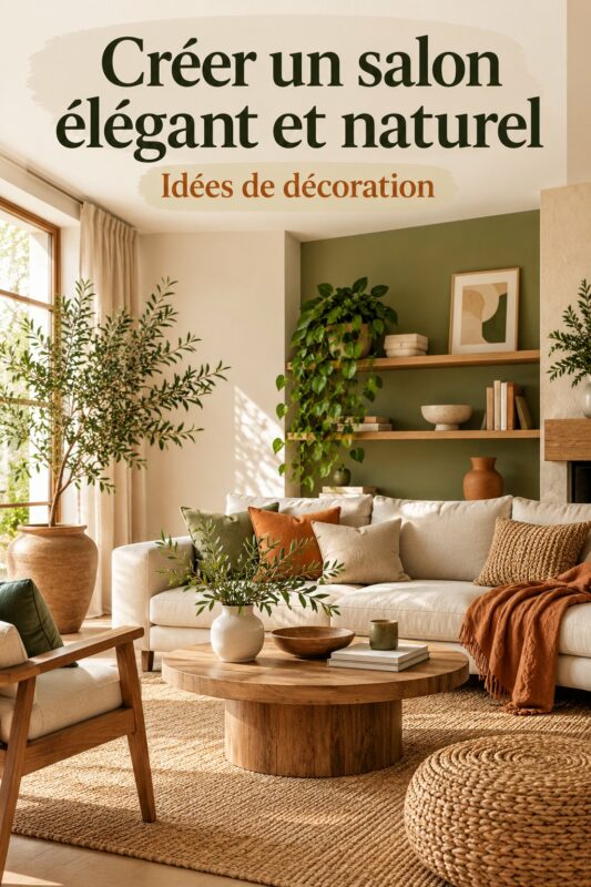 Salon décoré avec des éléments naturels et des couleurs élégantes