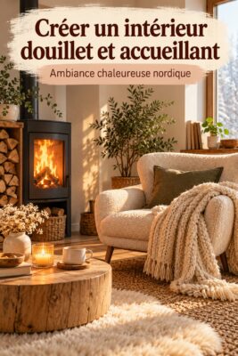 Un salon lumineux et cosy avec des éléments hygge tels que des coussins moelleux et des lumières douces.
