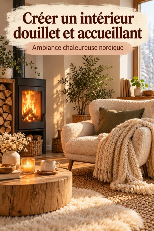Un salon lumineux et cosy avec des éléments hygge tels que des coussins moelleux et des lumières douces.