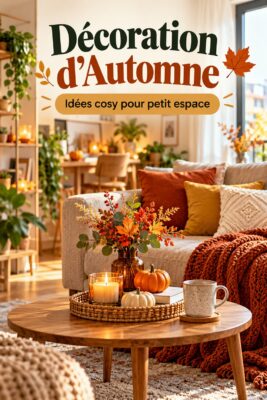 Décoration cozy d'automne dans un petit appartement avec des coussins et des plaids.
