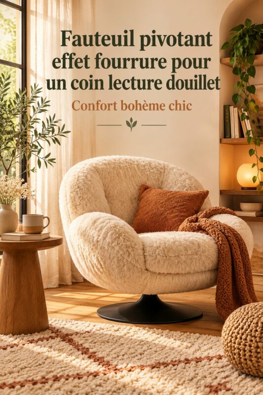 Fauteuil pivotant effet fourrure dans un salon cosy