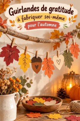 Guirlandes de gratitude faites maison pour Thanksgiving, mettant en avant des éléments naturels et colorés.