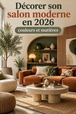 Salon moderne décoré avec des couleurs tendance et des matériaux chaleureux.