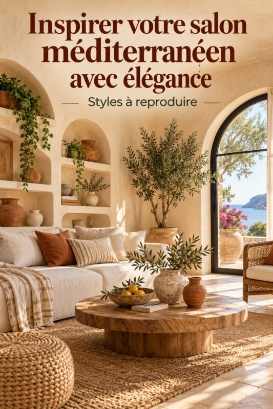 Un salon méditerranéen cosy avec des couleurs chaudes et des matériaux naturels.