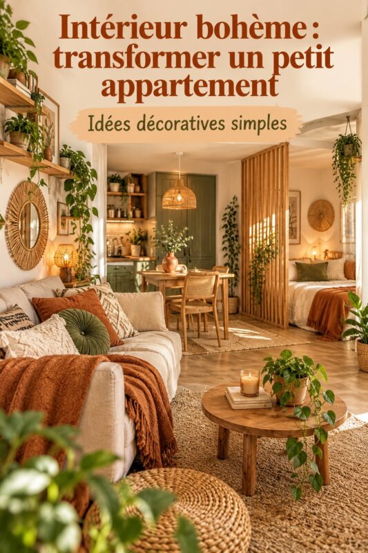 Un appartement de style bohème avec des couleurs chaleureuses et des décorations uniques.