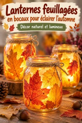 Lanternes en bocaux pour une décoration d'automne cosy, ornées de feuilles colorées
