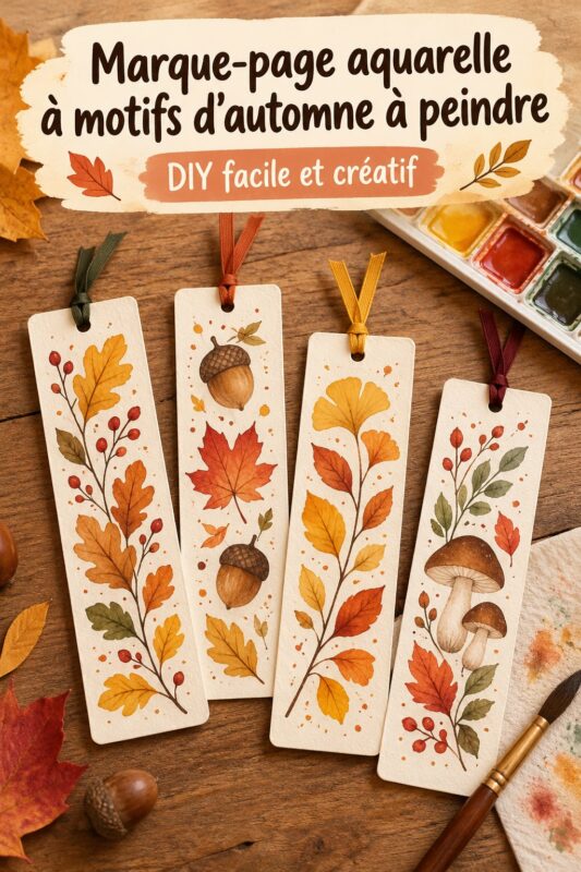 Marque-page aquarelle à motifs d'automne avec des feuilles colorées.