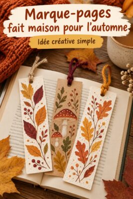 Marque-pages faits maison pour l'automne, décorés de motifs de feuilles et de couleurs chaleureuses.