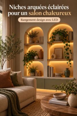 Salon cosy avec des niches arquées éclairées apportant une ambiance chaleureuse