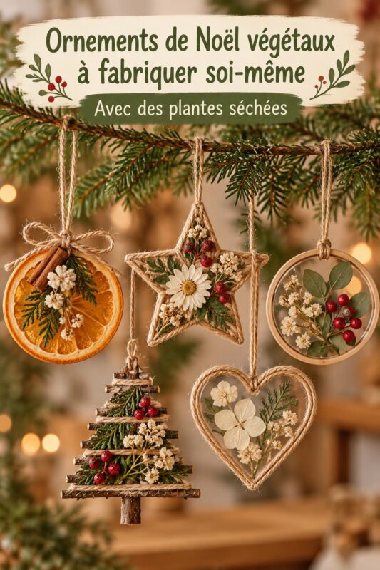 Ornements de Noël DIY en matériaux végétaux sur une table cozy