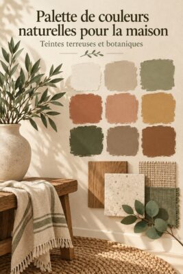 Palette de couleurs naturelles avec feuillages et fleurs dans un intérieur cosy