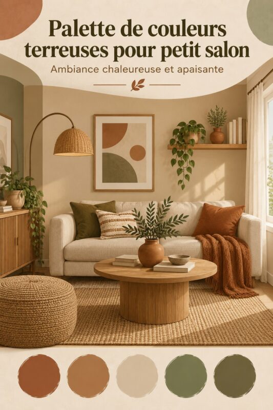 Un salon cosy orné de teintes terreuses, reflétant confort et chaleur.