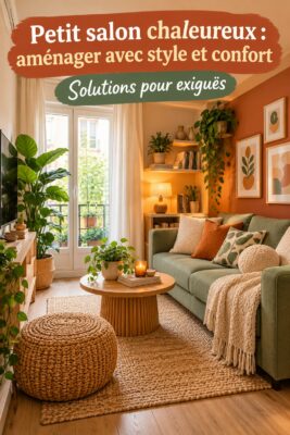 Un petit salon chaleureux et bien aménagé avec un canapé confortable et des accessoires décoratifs