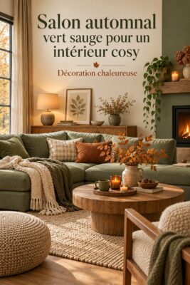 Salon cozy décoré en vert sauge pour l'automne