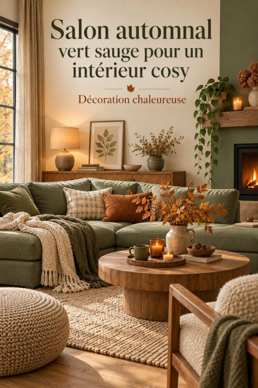 Salon cozy décoré en vert sauge pour l'automne