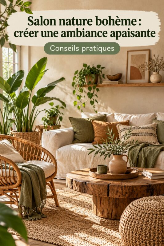 Un salon nature bohème avec des touches apaisantes