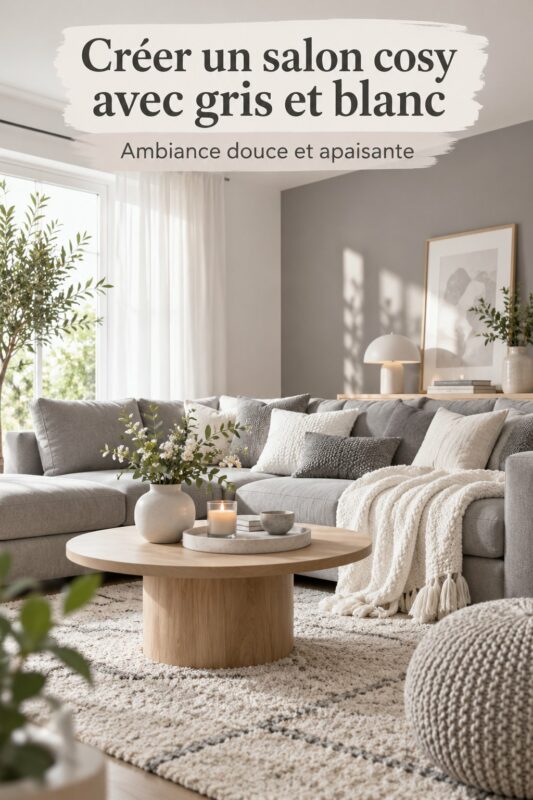 Salon cozy avec des murs gris et des coussins blancs doux, ambiance chaleureuse.