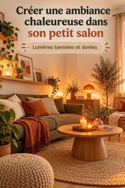 Un salon cosy avec un éclairage doré et des textiles chaleureux.