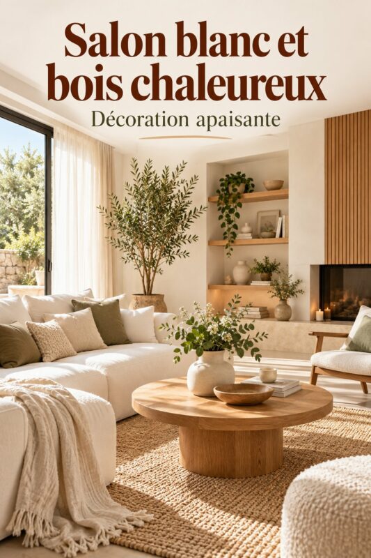Un salon cosy aux teintes blanches et bois chaleureux
