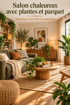 salon cosy avec des plantes vertes et un parquet en bois