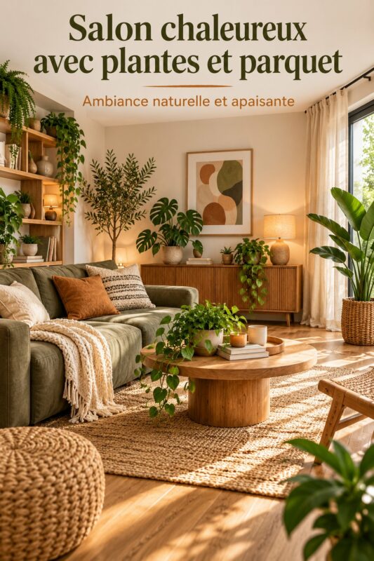 salon cosy avec des plantes vertes et un parquet en bois