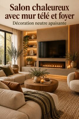 Salon moderne avec un mur TV cosy et une cheminée