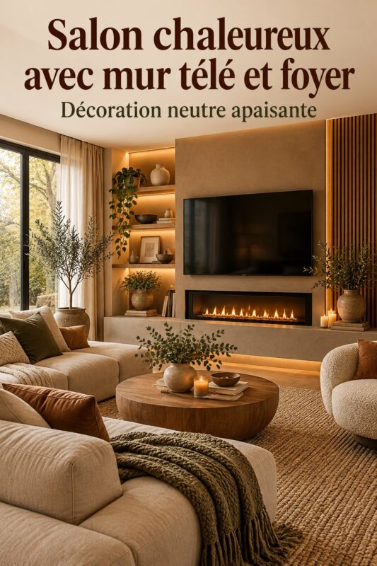 Salon moderne avec un mur TV cosy et une cheminée