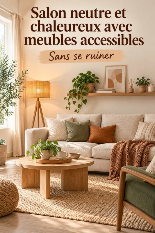 Salon neutre et chaleureux avec meubles modernes et abordables.