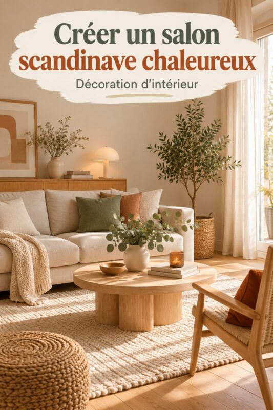 Un salon scandinave chaleureux avec des touches de couleurs vives et des accessoires en bois.