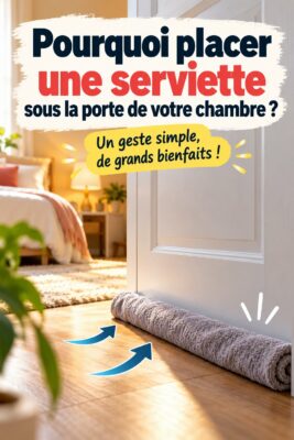 Une serviette placée sous une porte de chambre pour bloquer le froid et créer une ambiance cozy.