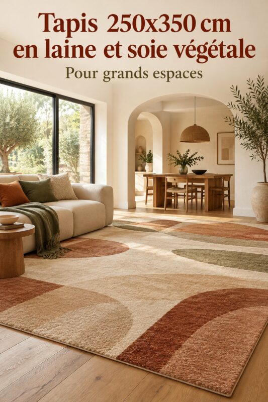 Tapis de 250x350 cm en laine et soie végétale dans un salon cosy